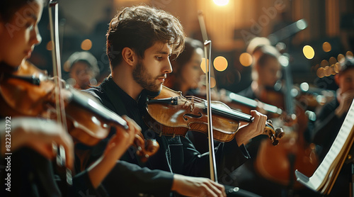 Symphony musicians playing on stage, warm dark light environment, clean background. Generative AI. photo