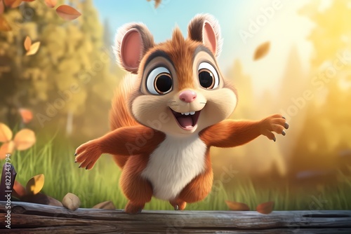 cute cartoon squirrel is jumping high in the air