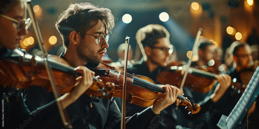 Fototapeta premium Symphony musicians playing on stage, warm dark light environment, clean background. Generative AI.