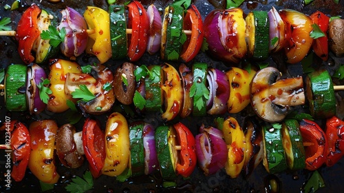 Colorful vegetable skewers with bell peppers, onions, zucchini, and mushrooms, grilled to perfection with fresh herbs. photo