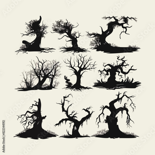 Dead tree silhouette. illustration of a forest of dying scary black trees.

