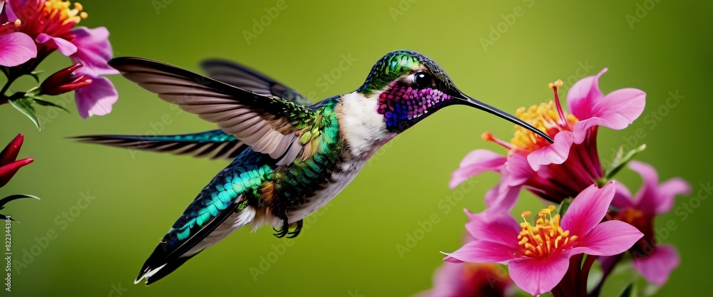 Fototapeta premium Nature Hummingbird Hovering Over Flowers A vibrant