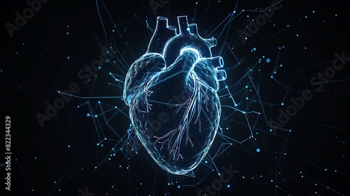 Heart icon from glowing blue lines on dark background with copy space. Human heart hologram, for futuristic medical and health care technology concept.