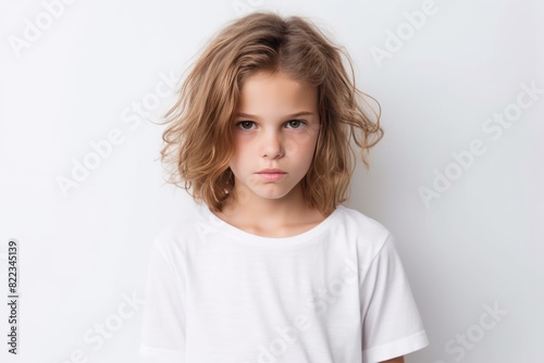 White background sad European white child realistic person portrait of young beautiful bad mood expression child Isolated 