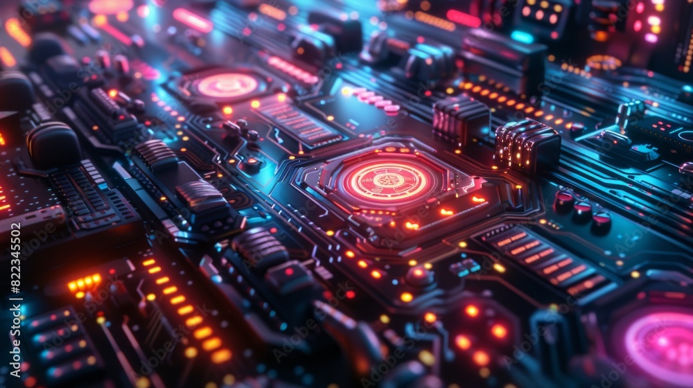 Intricate futuristic circuit board design with glowing elements. Intricate futuristic circuit board design with glowing elements.