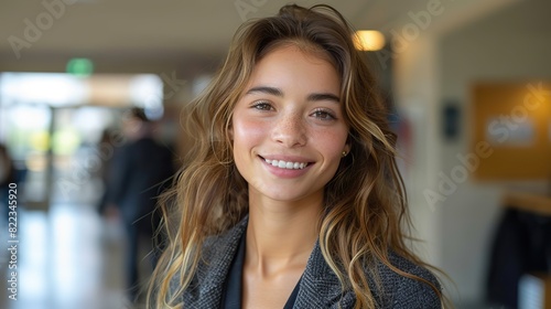 confident business woman in a suit stands in an office with a smile.stock photo