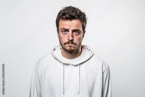 White background sad european white man realistic person portrait of young beautiful bad mood expression man Isolated on Background depression  © Zickert