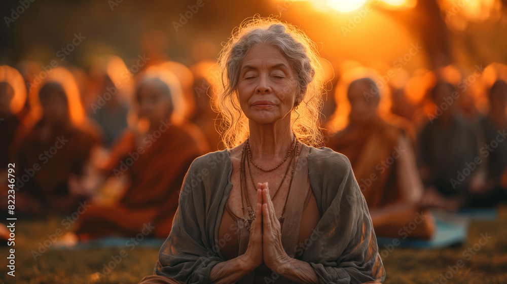 Fototapeta premium Senior Woman in Peaceful Meditation with Group at Sunset in the Park