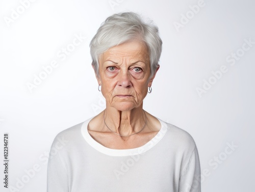 White background sad European white Woman grandmother realistic person portrait of young beautiful bad mood expression Woman Isolated 