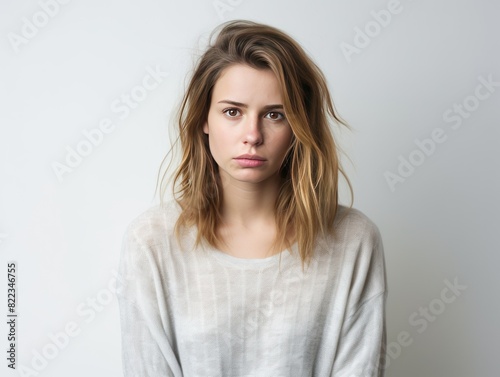 White background sad european white Woman realistic person portrait of young beautiful bad mood expression Woman Isolated on Background depression © Zickert