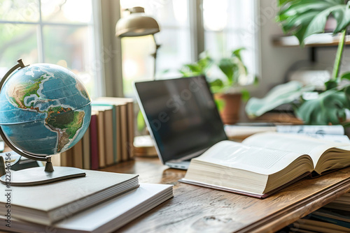 A neatly organized desk with an open laptop, textbooks, and a globe, symbolizing global education and digital learning. Use for International Day of Education
