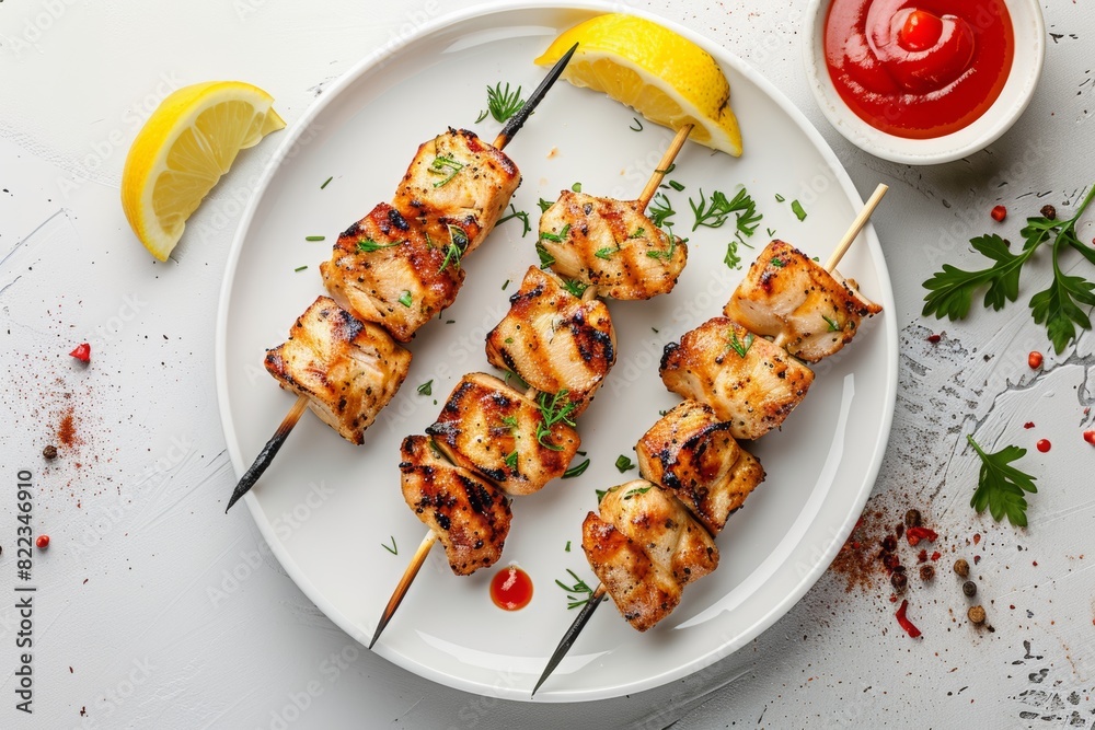 chicken shish kebab on a white plate with ketchup and lemon, viewed from above, laid flat. chicken skewers on top of a white plate with ketchup and lemon slices beside them.