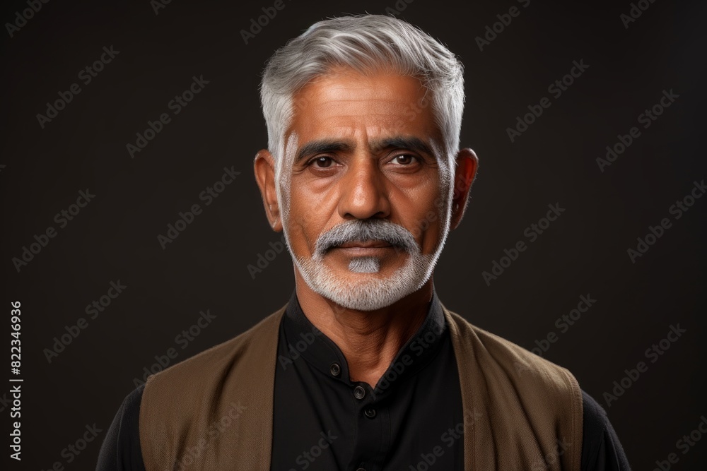 Portrait of a blissful indian man in his 60s with arms crossed in front of plain cyclorama studio wall Portrait of a blissful indian man in his 60s with arms crossed in front of plain cyclorama studio wall