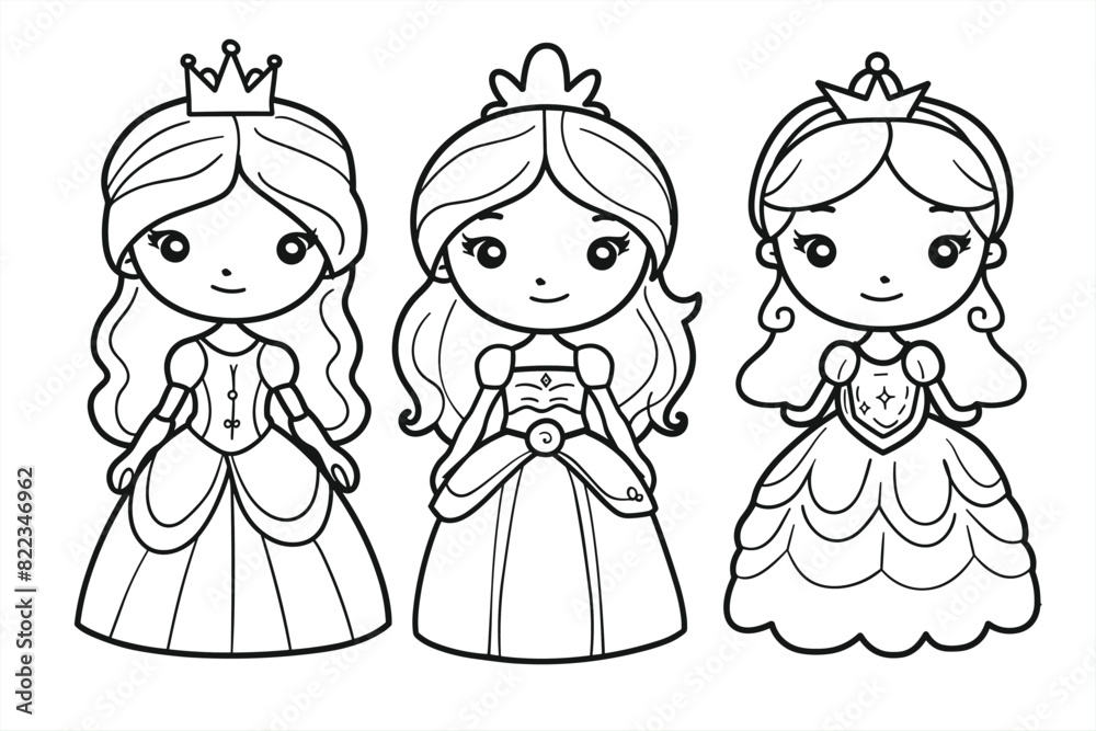coloring pages with cute princess characters, happy princess characters set. Black and white vector illustration of children's activity coloring book pages with pictures of Character princess coloring pages with cute princess characters, happy princess characters set. Black and white vector illustration of children's activity coloring book pages with pictures of Character princess