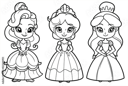coloring pages with cute princess characters, happy princess characters set. Black and white vector illustration of children's activity coloring book pages with pictures of Character princess