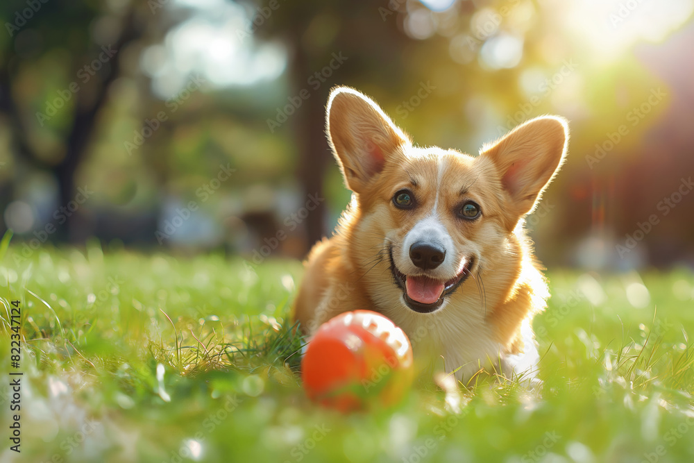 Happy corgi playing outside with an orange ball on a sunny day, green grass background