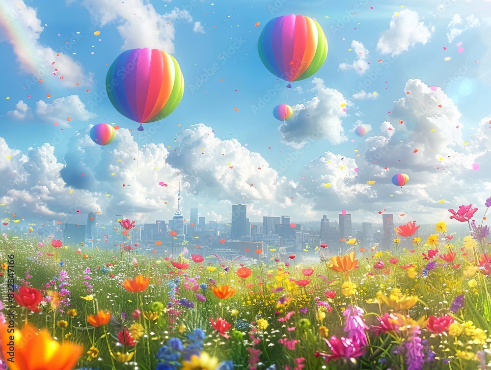 Fototapeta premium Vibrant Pride Celebration: Colorful Balloons Over Grassy Meadow