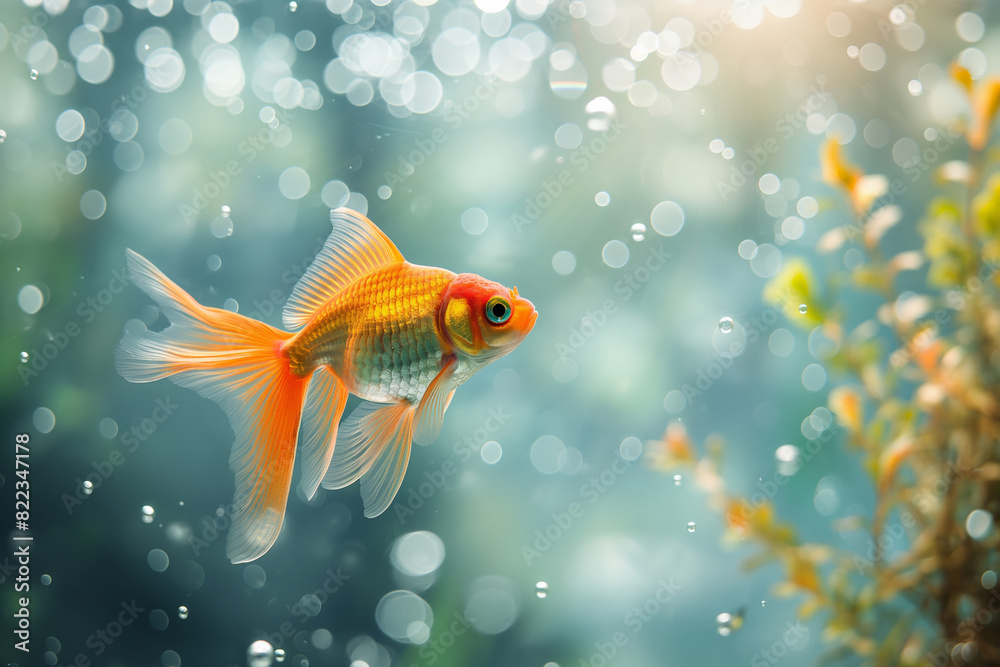 Golden fish swimming gracefully in clear water surrounded by bubbles and natural light, peaceful underwater scene