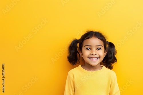 Yellow background Happy Asian child Portrait of young beautiful Smiling child good mood Isolated on backdrop ethnic diversity equality acceptance 