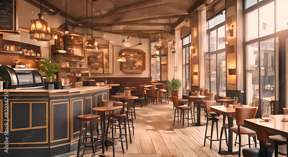 Cozy cafe interior with tables and chairs bar and window Seamless looping time lapse video animation background Cozy cafe interior with tables and chairs bar and window Seamless looping time lapse video animation background