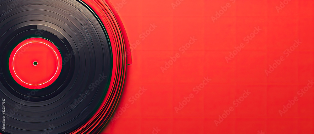 Music vinyl record with red label on red background. Music, disco, sound, retro, vintage, analog and analog record concept.Generative AI Music vinyl record with red label on red background. Music, disco, sound, retro, vintage, analog and analog record concept.Generative AI