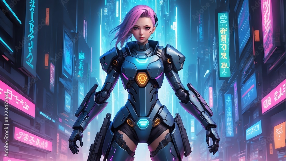 Beautiful cyberpunk anime girl character wearing tech armor