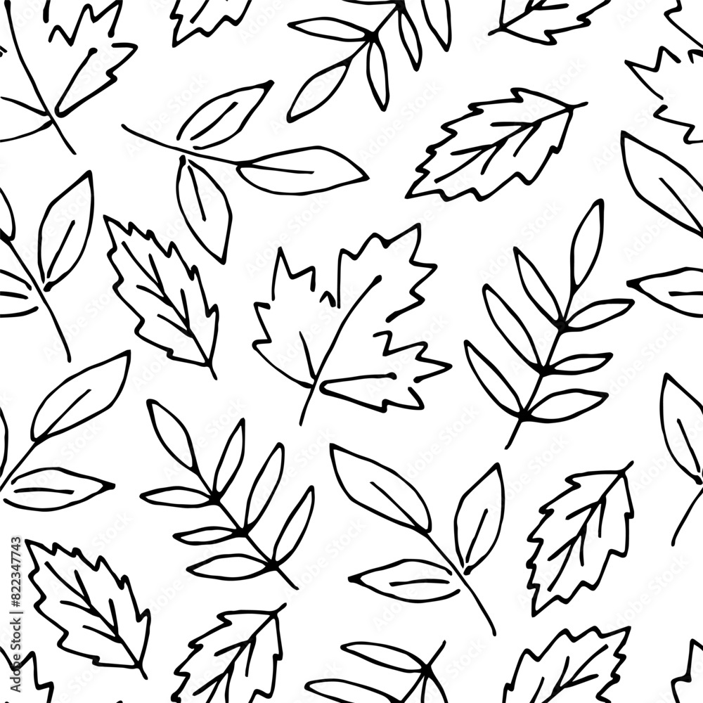 Obraz premium Simple vector seamless pattern with autumn leaves. Black outline on a white background. For prints of fabric, packaging, stationery.