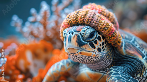 close up of a small turtle wearing a hat.Generative AI