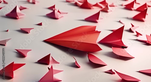 Red paper plane elevating over white group birds eye perspective clear day photo
