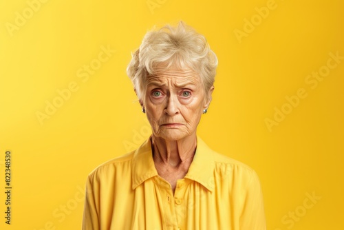 Yellow background sad european white Woman realistic person portrait of young beautiful bad mood expression Woman Isolated on Background 