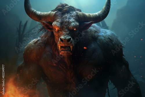 Digital artwork of a fierce minotaur with glowing eyes standing in a foggy, enchanted forest photo
