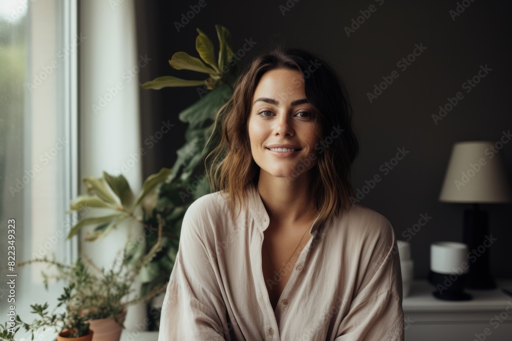 Portrait of a content woman in her 30s smiling at the camera in crisp minimalistic living room Portrait of a content woman in her 30s smiling at the camera in crisp minimalistic living room