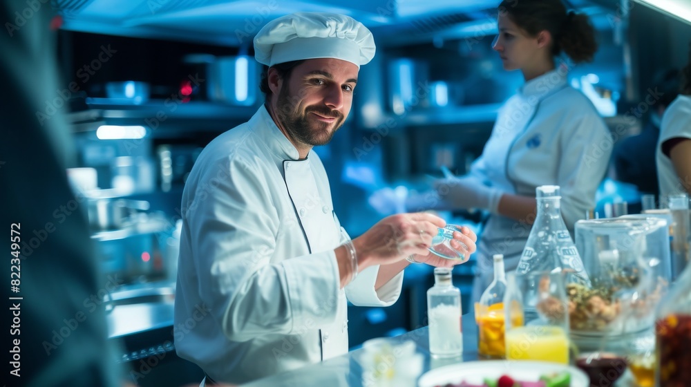 A smiling chef prepares ingredients in a busy restaurant kitchen, interacting with colleagues under warm, ambient lighting. A smiling chef prepares ingredients in a busy restaurant kitchen, interacting with colleagues under warm, ambient lighting.