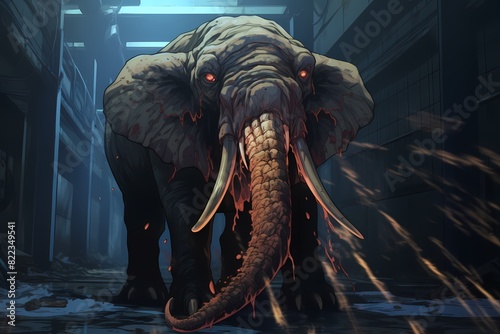 illustration of a scary elephant in a dark alley