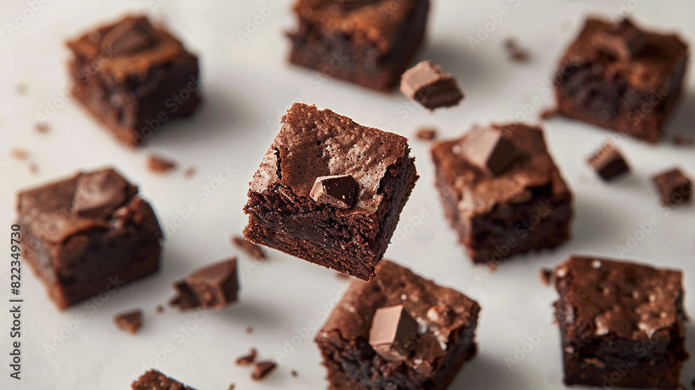 Chunky brownie pieces hovering in the air with a plain background Chunky brownie pieces hovering in the air with a plain background