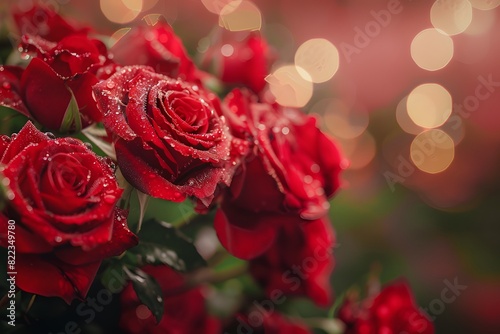 Close up of red roses with dewdrops against a bokeh background