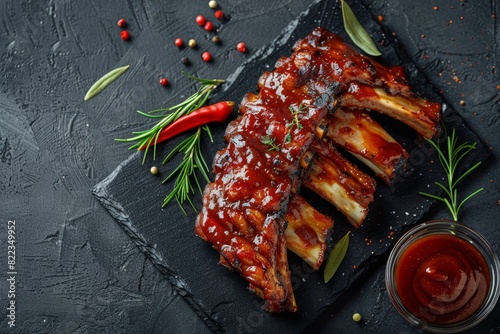 Barbecue ribs with sauce and spices on a black slate plate, a top view food background