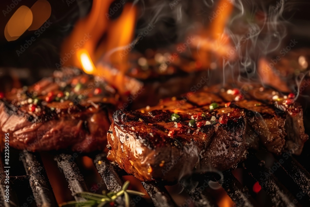 food photography of delicious steaks on the grill with flames, closeup of steaks sizzling on the grill, with flames flickering in the background. 
