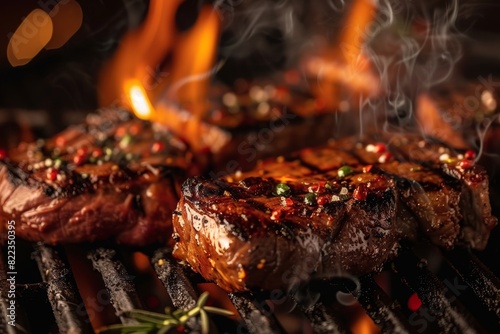 food photography of delicious steaks on the grill with flames, closeup of steaks sizzling on the grill, with flames flickering in the background. 