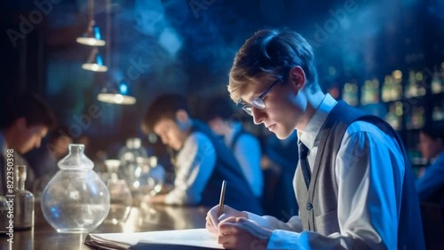 A young student wearing a suit and tie, focused on conducting a chemistry experiment with sparks and smoke in a dimly lit lab. A young man class. Scientific research work. Discoveries and achievements photo