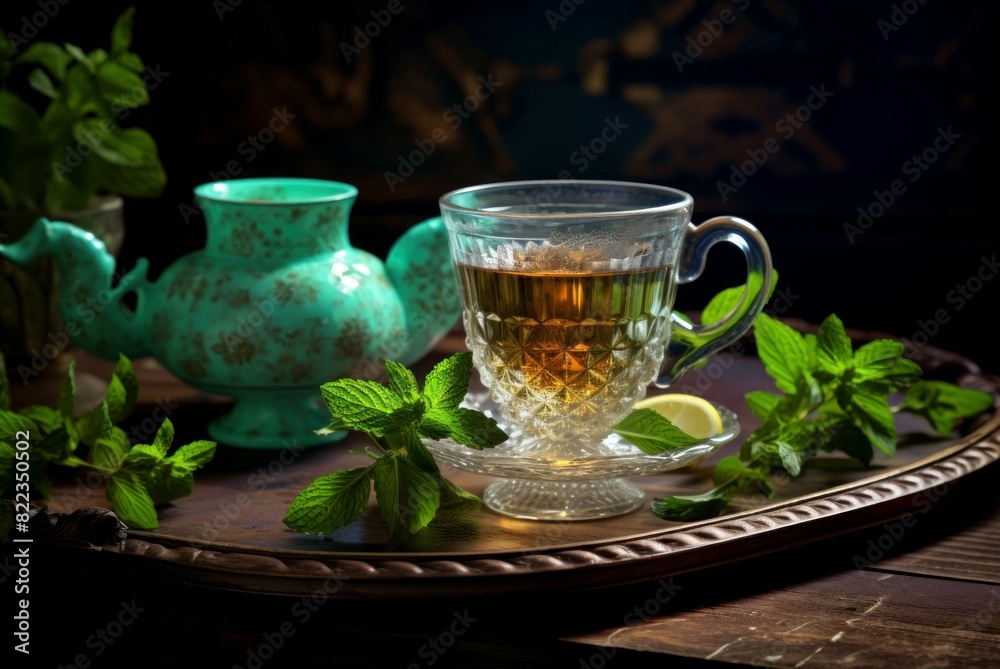 Steaming glass cup of tea with fresh mint leaves and a rustic backdrop Steaming glass cup of tea with fresh mint leaves and a rustic backdrop