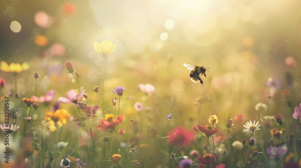 Fototapeta premium Summer meadow with flying bee and blurred flowers