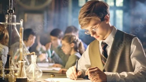 A dedicated student in a vest and glasses, engrossed in writing at a chemistry lab, with lab equipment and classmates working in the background. Scientific research work. Discoveries and achievements photo