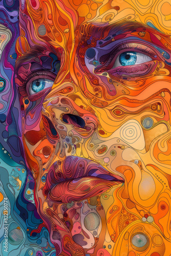 Abstract rendering of a face experiencing gratitude, with warm tones, thankful words, and harmonious abstract patterns,