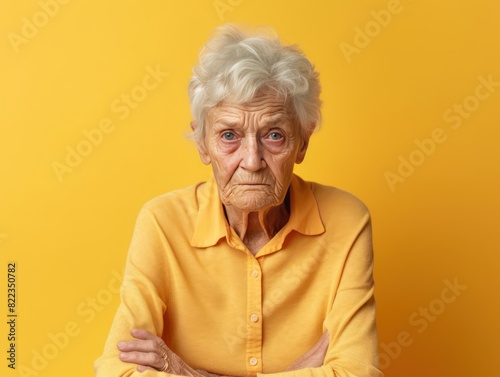 Yellow background sad European white Woman grandmother realistic person portrait of young beautiful bad mood expression Woman Isolated Background 