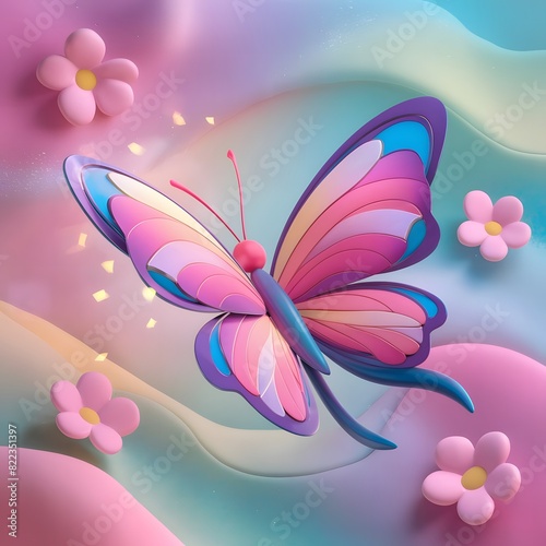 a adorable cute butterfly cartoon illustration on pastel background. Trendy colorful funny smiling butterfly.with flowers

