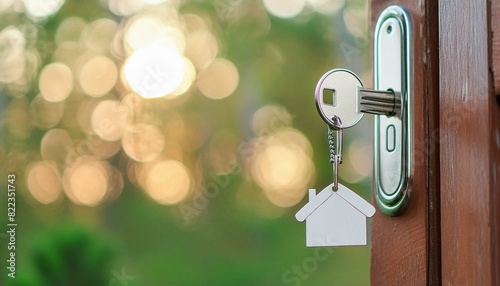 Landlord key for unlocking house is plugged into the door. Second hand house for rent and sale. keychain is blowing in the wind. mortgage for new home, buy, sell, renovate, Ai Generate 