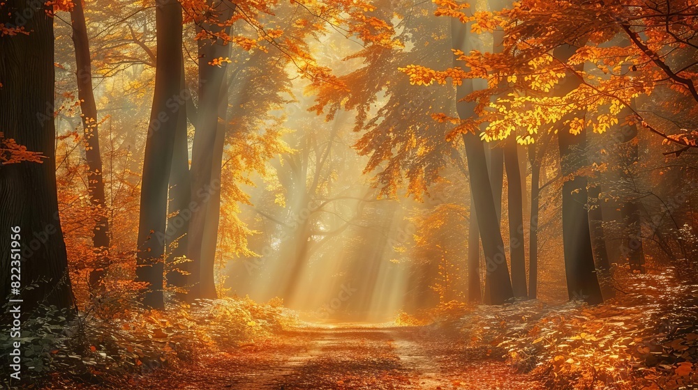Sunbeams pierce through a misty autumn forest, illuminating a path.