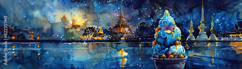 Blue butterfly pea flower ice cream sundae with lychee and honey drizzle, with a glowing traditional Thai temple in the background, Mythology, Watercolor photo