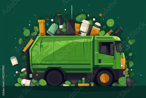 Create a minimalist flat vector illustration of a garbage truck with a recycling symbol on it photo